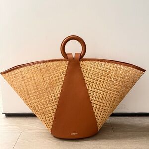 cult gaia Natural Straw Tote with Tan Leather Trim